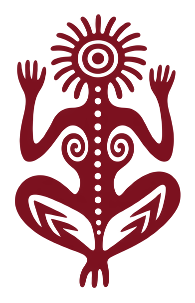 Ornamentale Figur mit einer Spiralsonne als Kopf